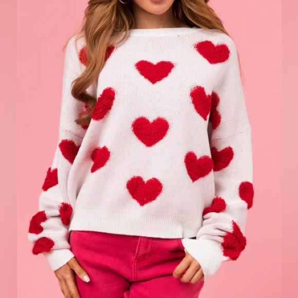 New large Valentine’s Day Off White and Cherry red Heart Pattern Sweater - Picture 1 of 9